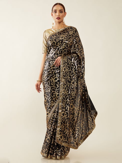 Soch Black & Gold Embellished Saree With Unstitched Blouse Price in India