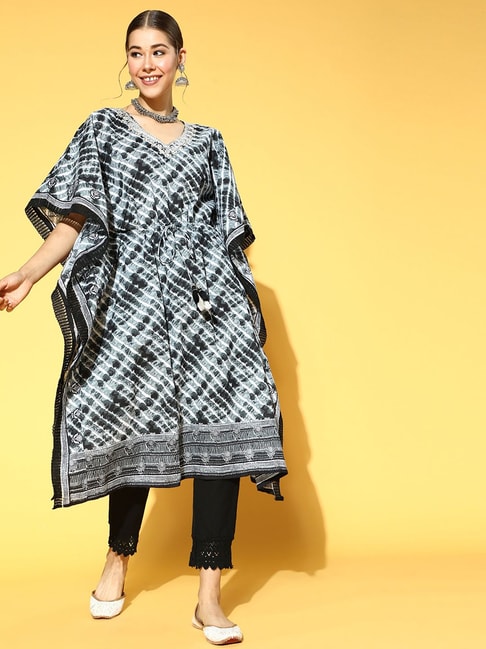 Ishin Grey & Black Cotton Embroidered Kaftan Pant Set Price in India