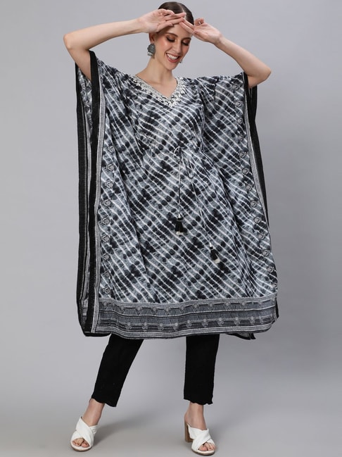 Ishin Grey & Black Cotton Embroidered Kaftan Pant Set Price in India