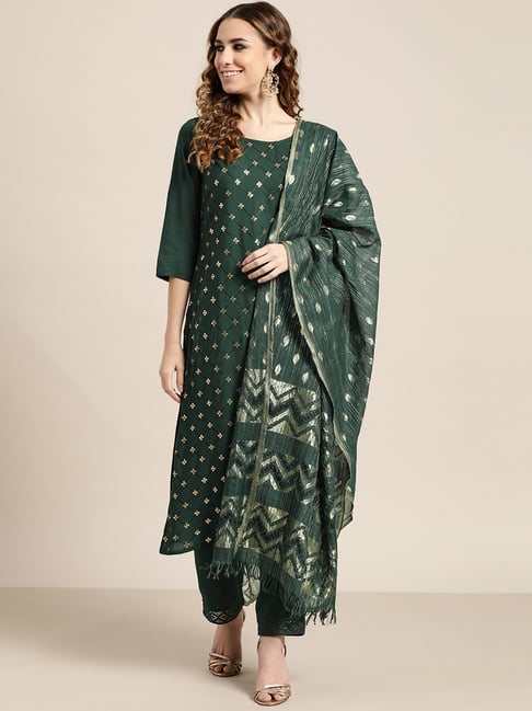 Juniper Green Embellished Kurta Pant Set With Dupatta Price in India