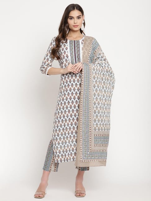 Sringam Off White Printed Kurta With Pant & Dupatta Price in India