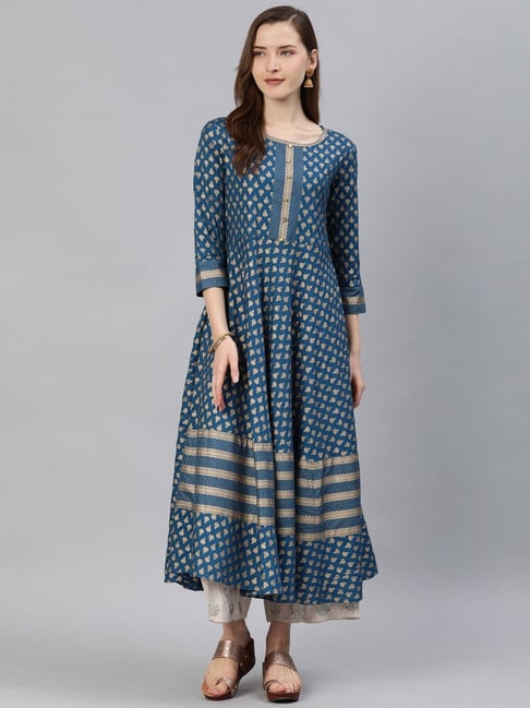 YASH GALLERY Blue Printed A Line Kurta