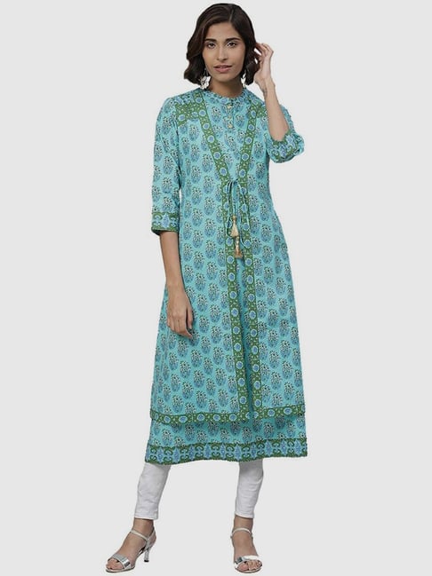 YASH GALLERY Blue Cotton Printed A Line Kurta