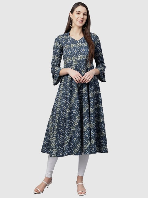 YASH GALLERY Blue Cotton Printed A Line Kurta