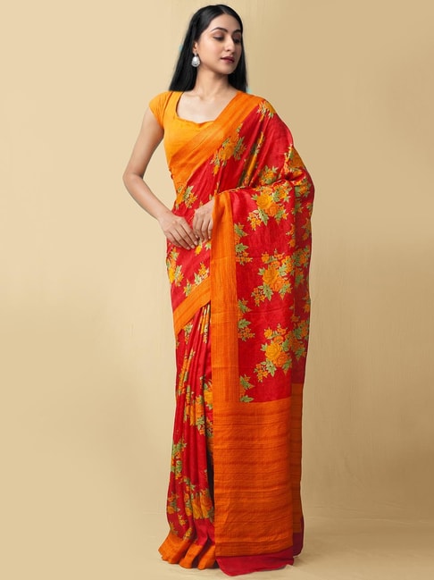 Unnati Silks Red & Orange Printed Saree With Blouse Price in India
