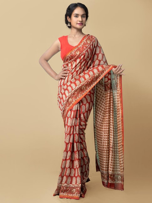 Unnati Silks Red Printed Saree With Blouse Price in India