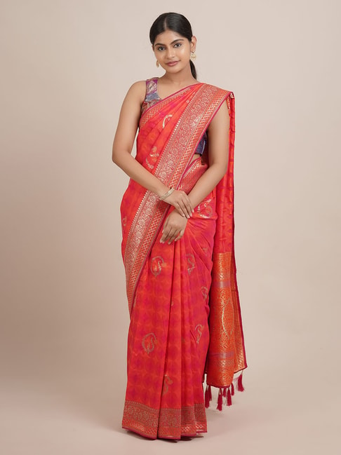 Pothys Pink Woven Saree With Unstitched Blouse Price in India