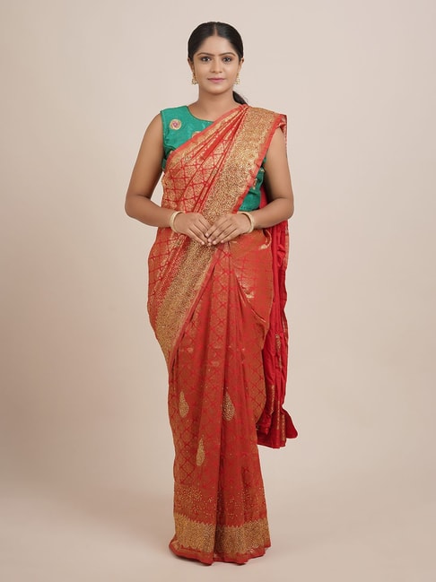 Pothys Red Woven Saree With Unstitched Blouse Price in India
