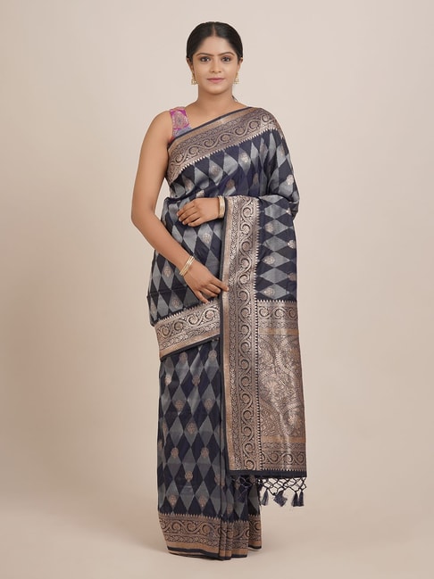 Pothys Blue Woven Saree With Unstitched Blouse Price in India