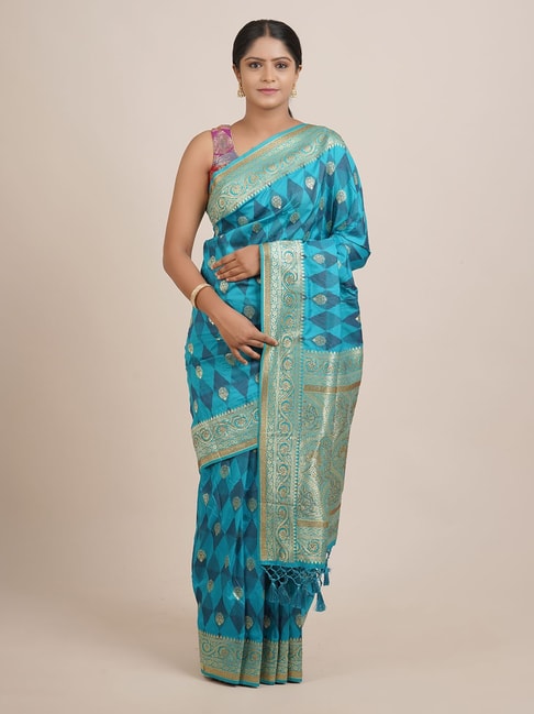 Pothys Blue Woven Saree With Unstitched Blouse Price in India