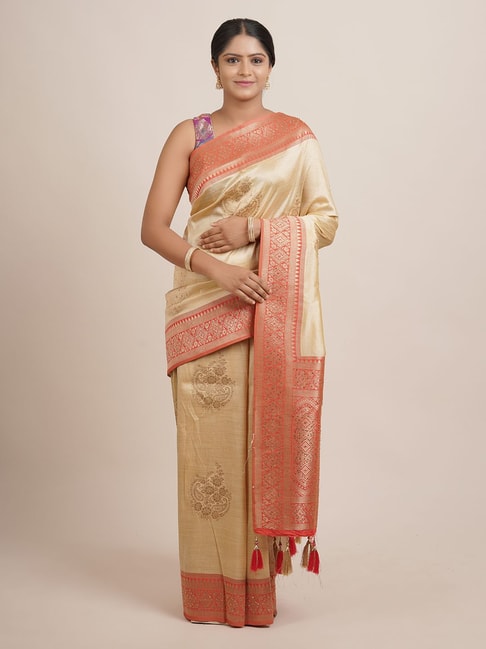 Pothys Beige & Red Woven Saree With Unstitched Blouse Price in India
