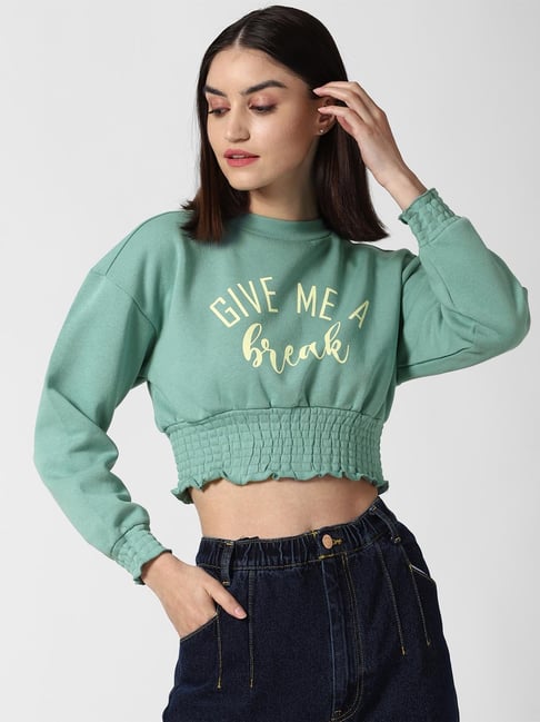 Forever 21 Sea Green Round Neck Cropped Sweatshirt