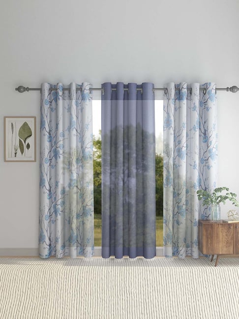HOSTA HOMES Blue & White Polyester 7 ft Door Curtain - Set of 3-picture-35