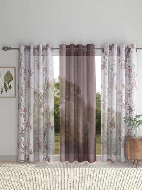 HOSTA HOMES Brown & White Polyester 7 ft Door Curtain - Set of 3-picture-30