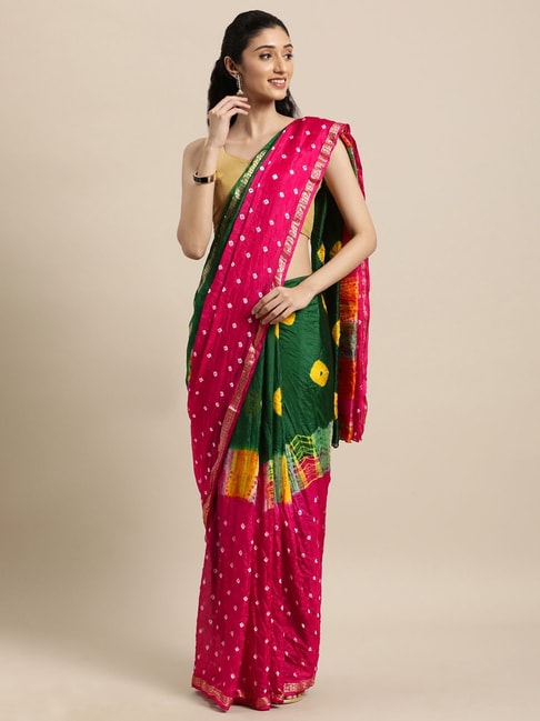 Geroo Jaipur Pink & Green Printed Saree With Unstitched Blouse Price in India