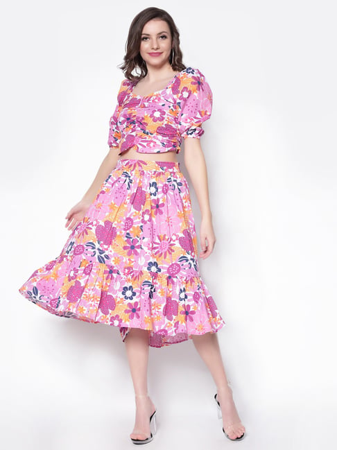 Sera Purple Floral Print Top Skirt Set