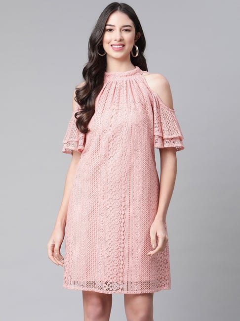 Cottinfab Pink Self Design Midi A-Line Dress Price in India