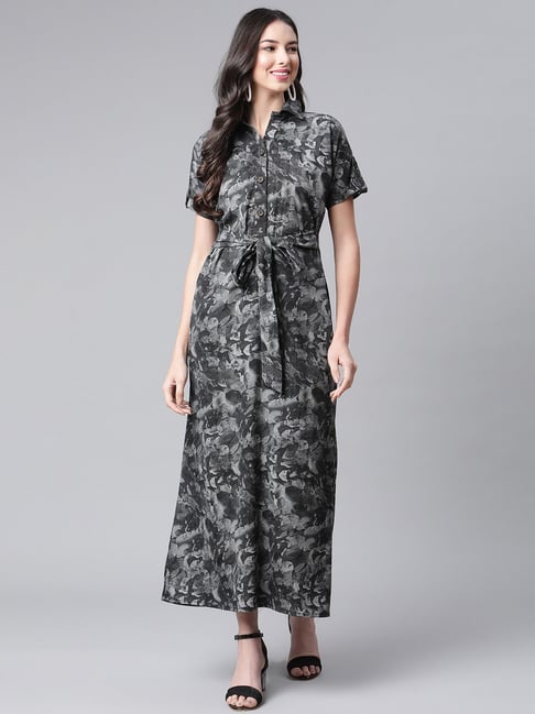 Cottinfab Grey Printed Maxi A-Line Dress Price in India