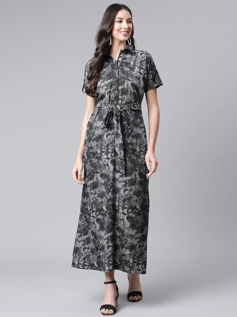 Cottinfab Grey Printed Maxi A-Line Dress