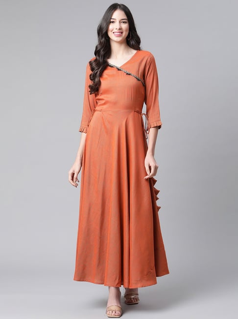 Cottinfab Orange Maxi A-Line Dress Price in India