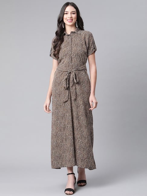 Cottinfab Brown Printed Maxi A-Line Dress Price in India