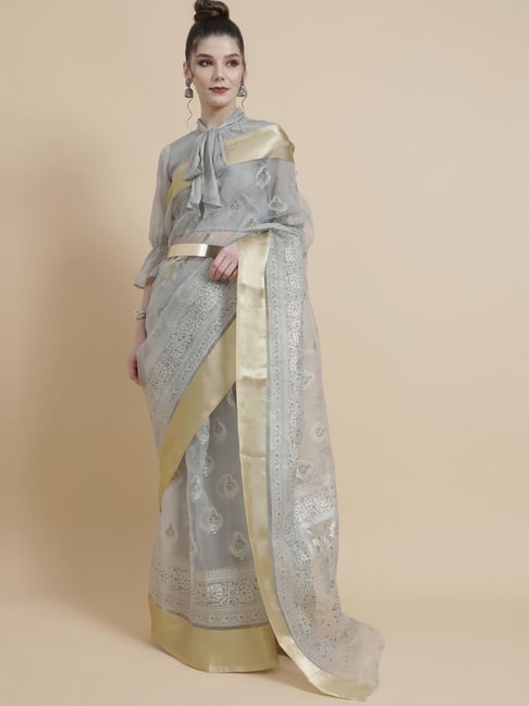 Aks Grey Printed Saree With Unstitched Blouse Price in India