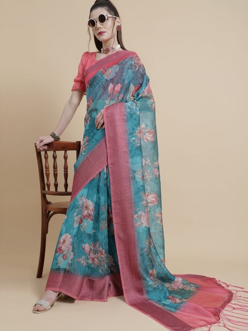 Aks Blue Printed Saree With Unstitched Blouse Price in India