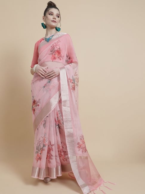 Aks Pink Printed Saree With Unstitched Blouse Price in India