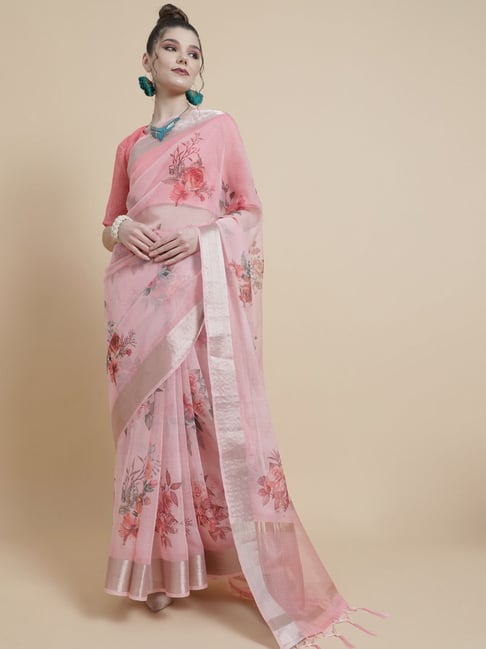 Aks Pink Printed Saree With Unstitched Blouse