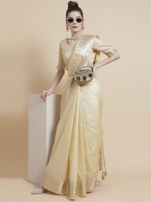 Aks Beige Woven Saree With Unstitched Blouse Price in India