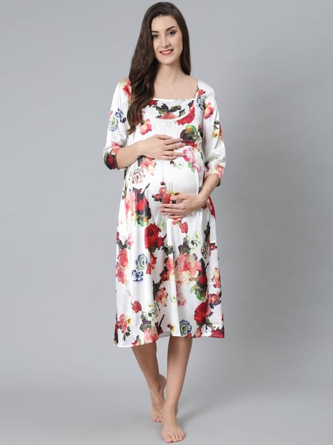 Aks White Printed Maternity Dress