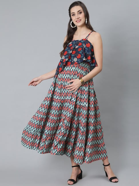 Aks Blue Cotton Printed Maternity Dress