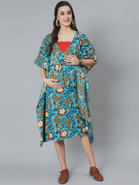 Aks Blue Cotton Printed Maternity Kaftan