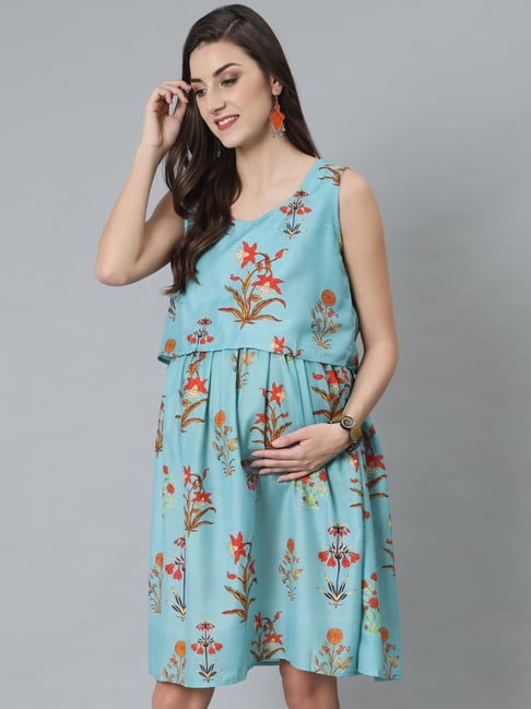 Aks Blue Cotton Printed Maternity Dress