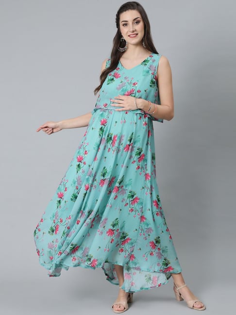 Aks Blue Cotton Printed Maternity Dress