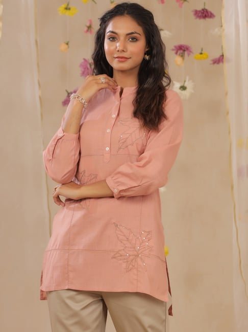 Juniper Peach Cotton Embellished High Low Kurti Price in India