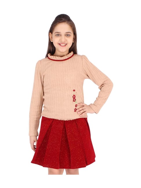 Cutecumber Kids Brown Self Pattern Top & Skirt