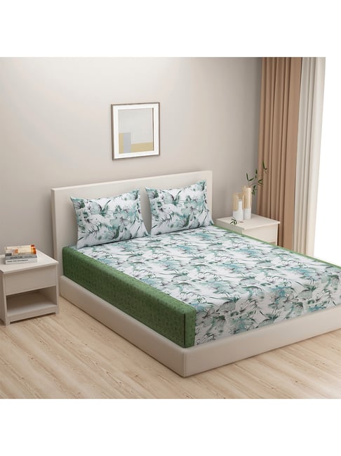 Swayam Vedic Floral White & Green 144 TC Cotton King Bedsheet with 2 Pillow covers-picture-17