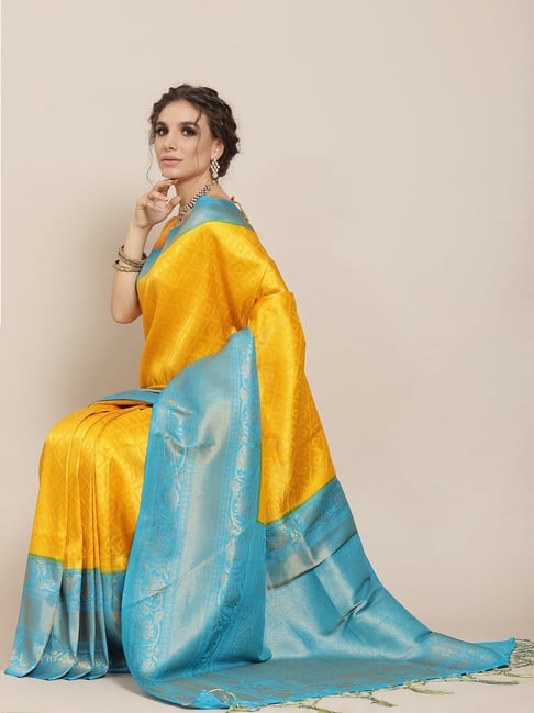 Sharaa Ethnica Mustard & Blue Saree With Blouse Price in India
