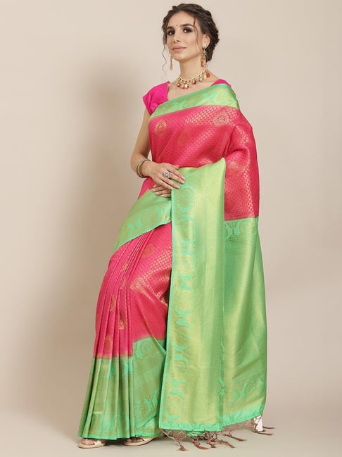 Sharaa Ethnica Pink & Green Saree With Blouse Price in India