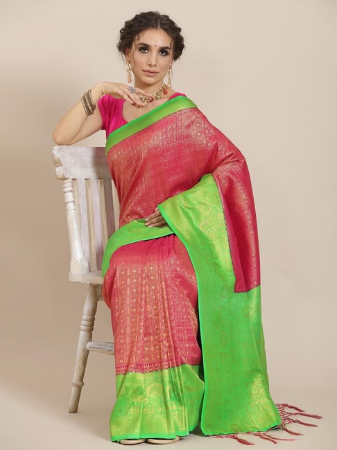 Celery Green and Pink Woven Organza Banarasi Silk Saree – MySilkLove