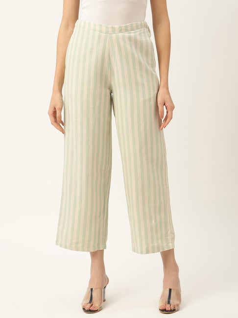 Green Textured Weave Striped Pants