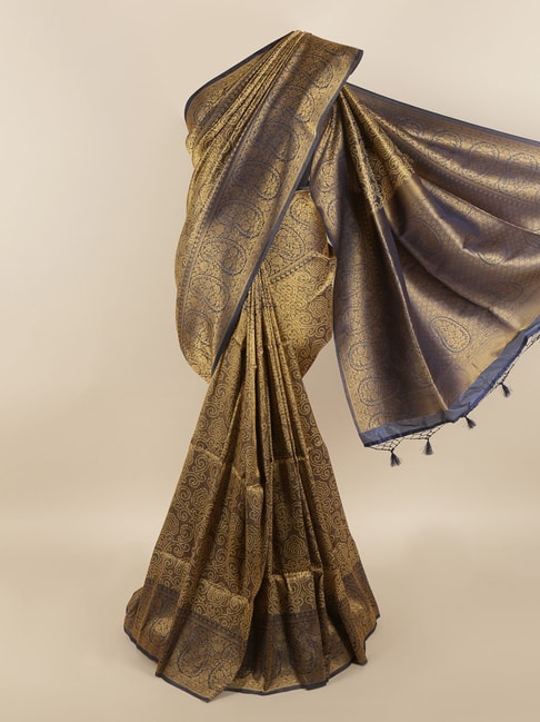 Pothys Blue & Gold Silk Woven Saree With Unstitched Blouse Price in India