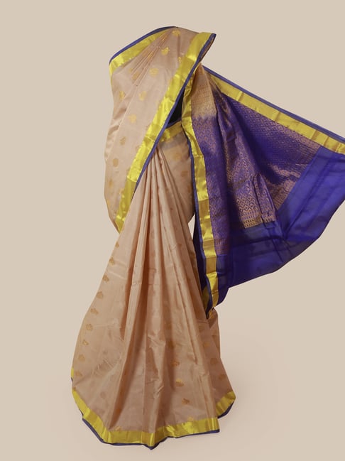 Pothys Beige & Blue Silk Woven Saree With Unstitched Blouse Price in India