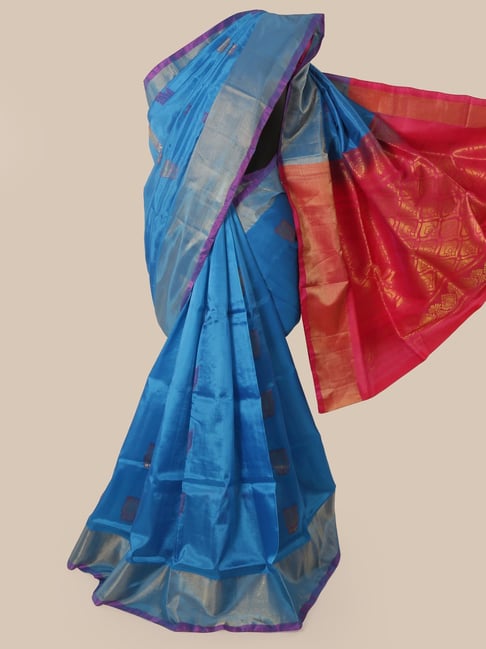 Pothys Blue Silk Woven Saree With Unstitched Blouse Price in India