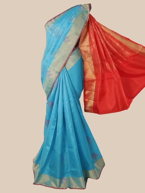 Pothys Blue Silk Woven Saree With Unstitched Blouse Price in India