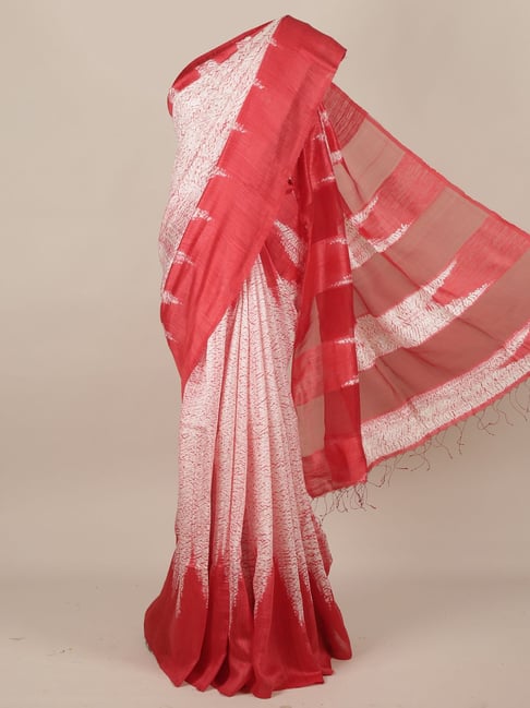 Pothys White & Pink Silk Printed Saree With Unstitched Blouse Price in India