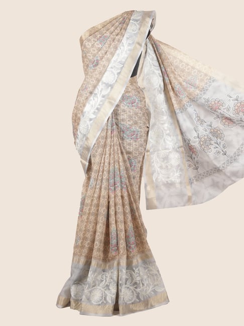 Pothys Tan Linen Printed Saree With Unstitched Blouse Price in India