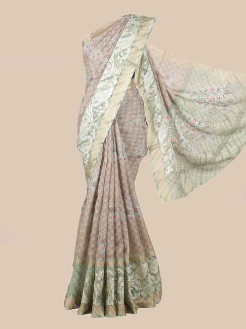 Pothys Tan Linen Printed Saree With Unstitched Blouse Price in India