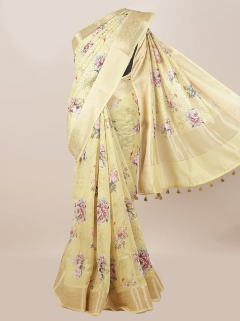 Pothys Yellow Linen Printed Saree With Unstitched Blouse Price in India